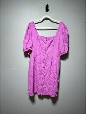 Linen Blend Button Front Puff Sleeve Pink Mini Dress Square Neck XLT